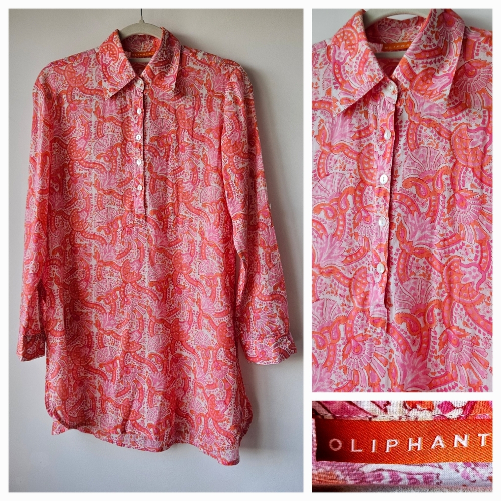 Oliphant Pink Orange Cotton Made India Long Sleeve Button Down Tunic Top